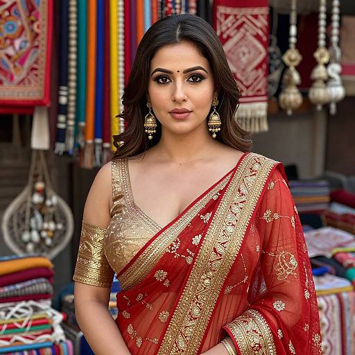 Photograph of an Indian woman with medium brown skin, long black hair, wearing a red and gold embroidered saree, gold earrings, and makeup,
