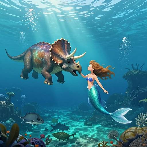 Digital artwork of a mermaid with long brown hair and a blue tail, interacting with a colorful, horned triceratops in a vibrant underwater