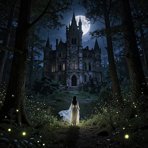 Digital art: A lone woman in a flowing white gown stands at night, facing a dark, Gothic castle illuminated by moonlight, surrounded by glowing fire