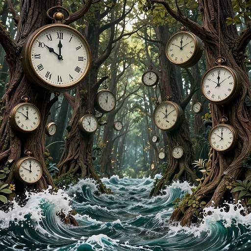Whimsical Forest with Floating Clocks Over Turbulent Waves