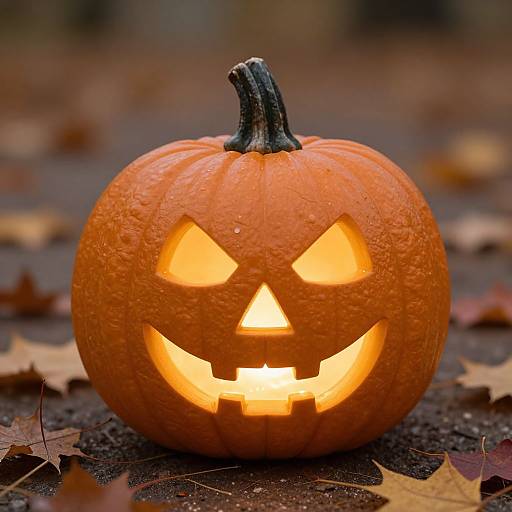 Photograph of a glowing, carved Halloween pumpkin with triangular eyes, triangle nose, and jagged teeth, sitting on a ground covered with autumn leaves.