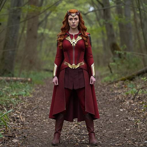 Woman in Scarlet Witch Superhero Costume in Forest