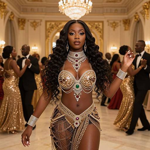 Photograph of a stunning Black woman with long curly hair, wearing a gold beaded bikini and chain accessory, walking confidently in an ornate ballroom