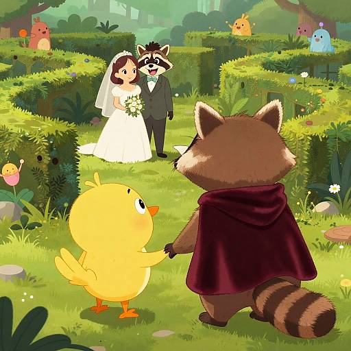 Digital illustration: anthropomorphic raccoon in dark cloak, holding yellow chick's wing, watches bride and groom in white and black wedding attire, surrounded by