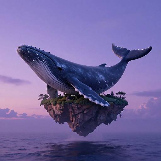 Digital artwork of a massive, blue-gray whale with white speckles hovering above a small, rocky island with trees, set against a purple-pink