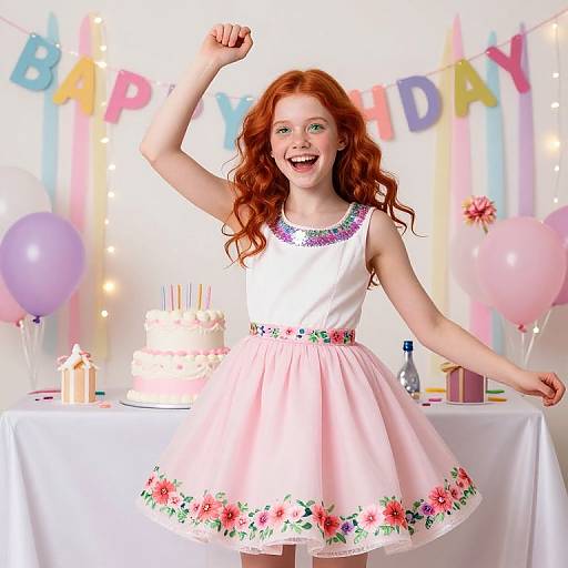 Photograph of a smiling red-haired girl in a pink floral dress, raising her arm, celebrating a birthday at a brightly decorated party.