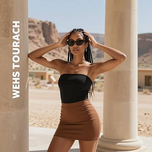 Woman in Black Sunglasses and Brown Skirt in Desert Setting