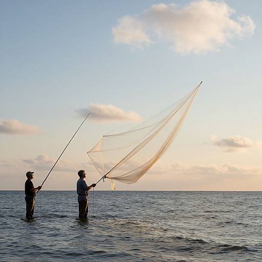 Fishermen Casting Translucent Net
