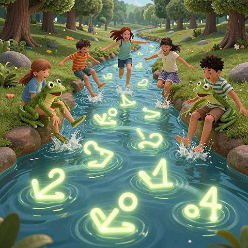 Digital illustration: Five children, with brown and black hair, wearing colorful clothes, play in a magical stream with glowing neon alphabet letters floating on the water