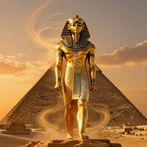 Photorealistic CGI of a golden Pharaoh statue with an Ankh necklace, standing before an ancient pyramid at sunset, surrounded by swirling energy.