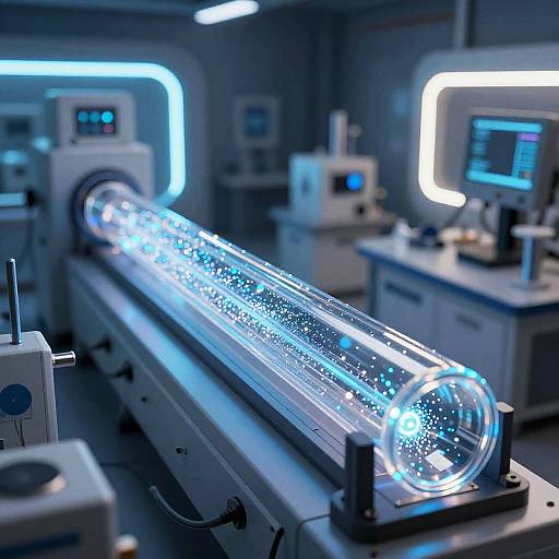 Photograph of a futuristic laboratory with a glowing, cylindrical glass tube filled with sparkling blue particles on a white table, illuminated by neon lights and surrounded by