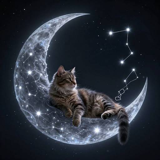 Photograph-like digital artwork of a fluffy tabby cat lounging on a glowing, star-filled crescent moon against a dark starry night sky.