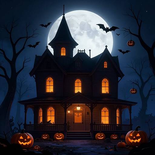 Spooky digital illustration: Haunted house with glowing windows, full moon, bats, and carved pumpkins in front, surrounded by dark trees.