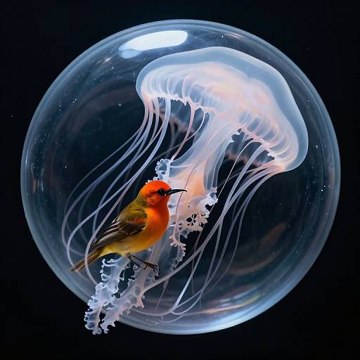 Photograph of a vibrant orange and black bird floating inside a clear glass bubble with a translucent jellyfish against a black background.
