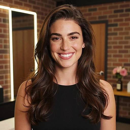 Photograph of a smiling woman with long, wavy brown hair, wearing a black sleeveless top, in a brick-walled room with wooden doors