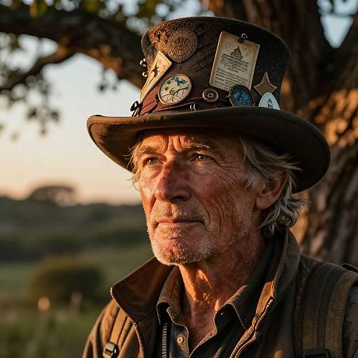 Photograph of an older man with weathered skin, gray hair, and a mustache, wearing a decorated black hat and brown shirt, against a