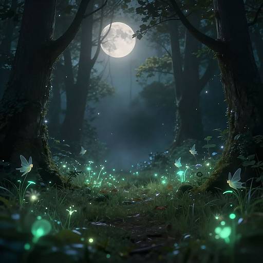 Serene Moonlit Forest with Fairies