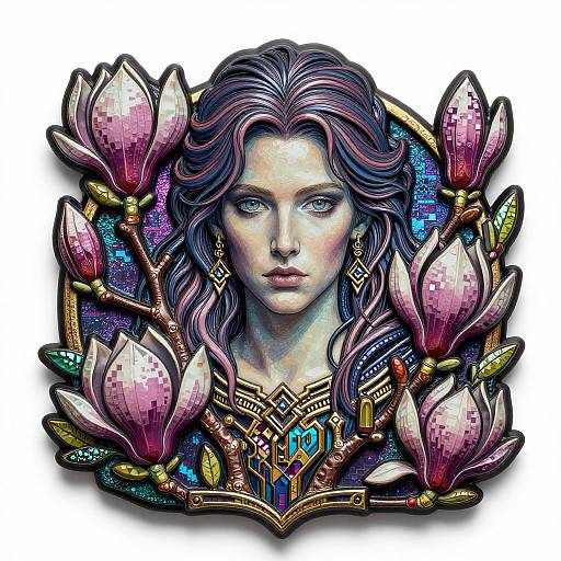 Digital artwork of a fair-skinned woman with wavy purple hair, surrounded by vibrant pink and white magnolias, wearing ornate jewelry and blue