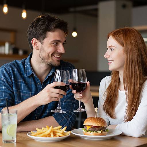 Photograph of a smiling couple with red hair and dark hair, clinking glasses of red wine at a cafe, with burgers and fries on the table