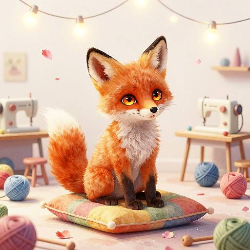 Cute digital illustration of a fluffy, orange-eyed fox sitting on a colorful pillow in a bright, yarn-filled sewing room.