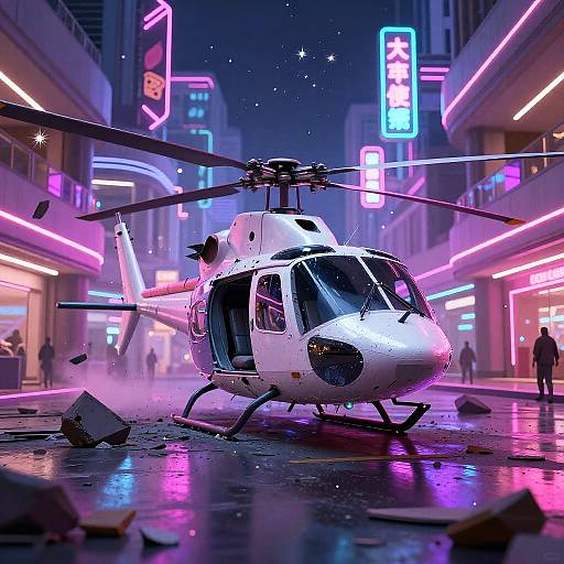 Vaporwave Helicopter Wreck in Neon Mall
