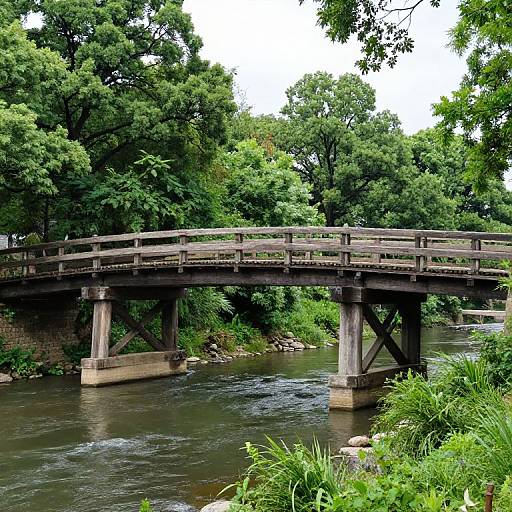 Photograph of a wooden bridge with rustic railings spanning a flowing river, surrounded by lush green trees and dense foliage.