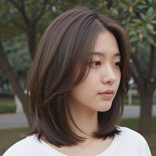 Photograph of an Asian woman with straight, medium-length brown hair, wearing a white top, standing outdoors with trees in the background.