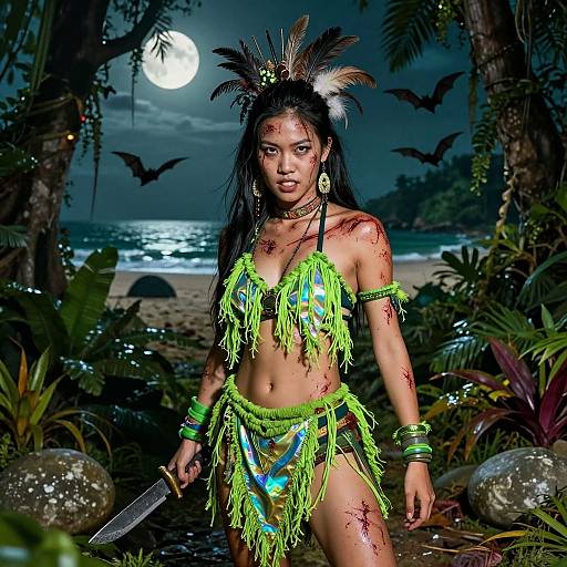 Photograph of a fierce, dark-skinned woman with feathers, green tribal attire, blood on her skin, holding a knife, under a moonlit