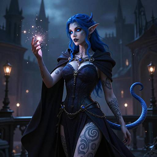 Digital fantasy artwork of a blue-skinned, elf-like woman with glowing eyes, blue hair, and a dragon tail, conjuring sparks in a dark