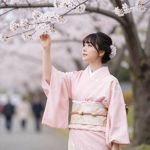 Woman in Pink Kimono Under Sakura