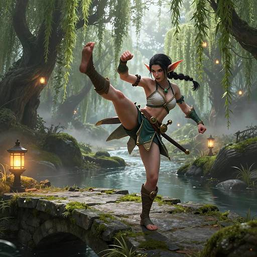 Female Goblin Martial Arts Kick on Mossy Stone Bridge