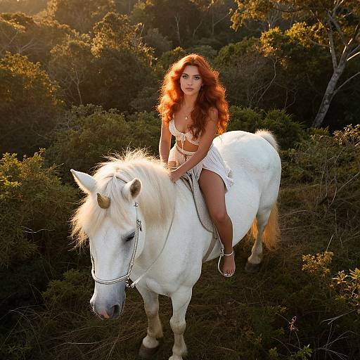 Photograph of a fair-skinned, red-haired woman with wavy hair, wearing a white, strappy outfit, sitting on a white horse in