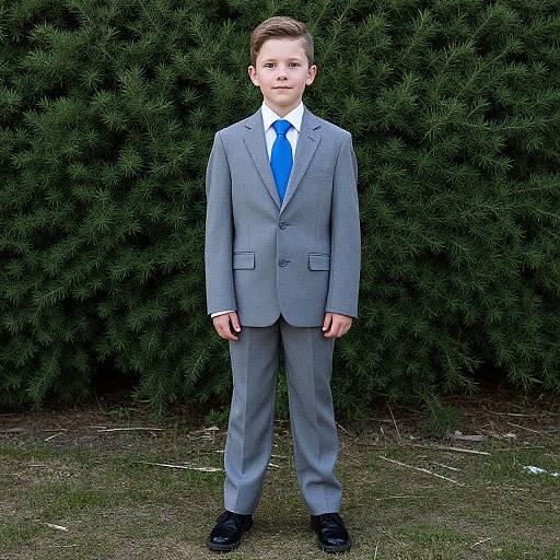 Photograph of a young boy with light brown hair, wearing a gray suit, white shirt, blue tie, and black shoes, standing in front of