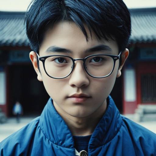 Asian boy in navy blue traditional attire with glasses
