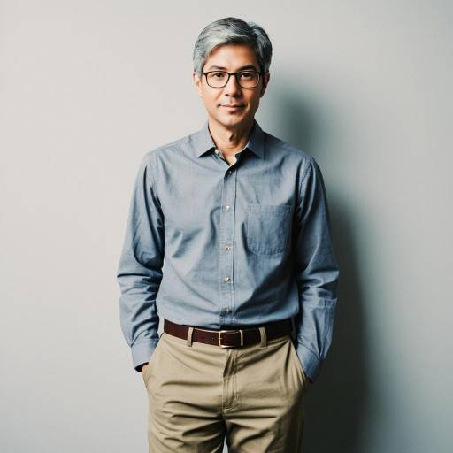Casual Asian Man with Gray Hair and Glasses