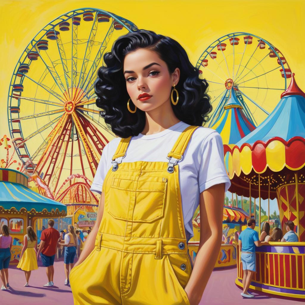 Vibrant Yellow Overalls at Amusement Park