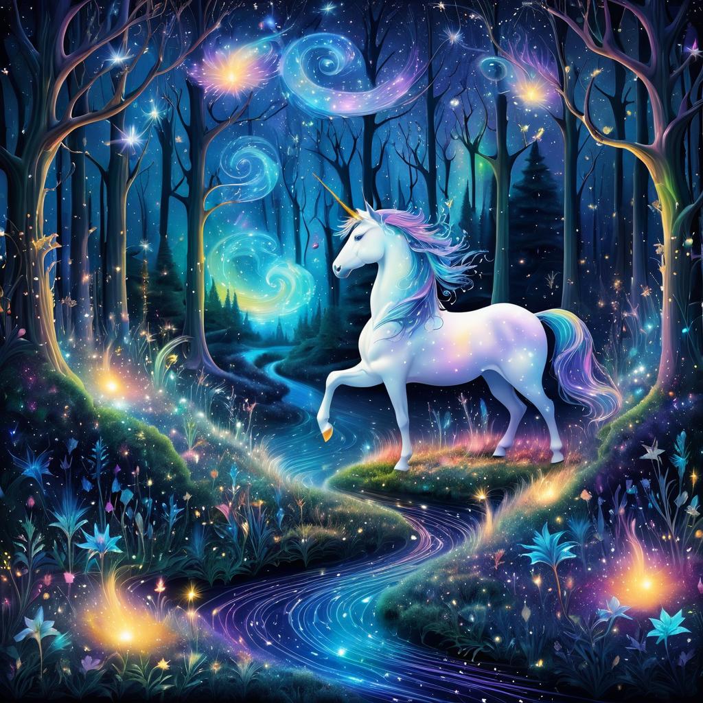 Whimsical Unicorn Painter in Enchanted Forest