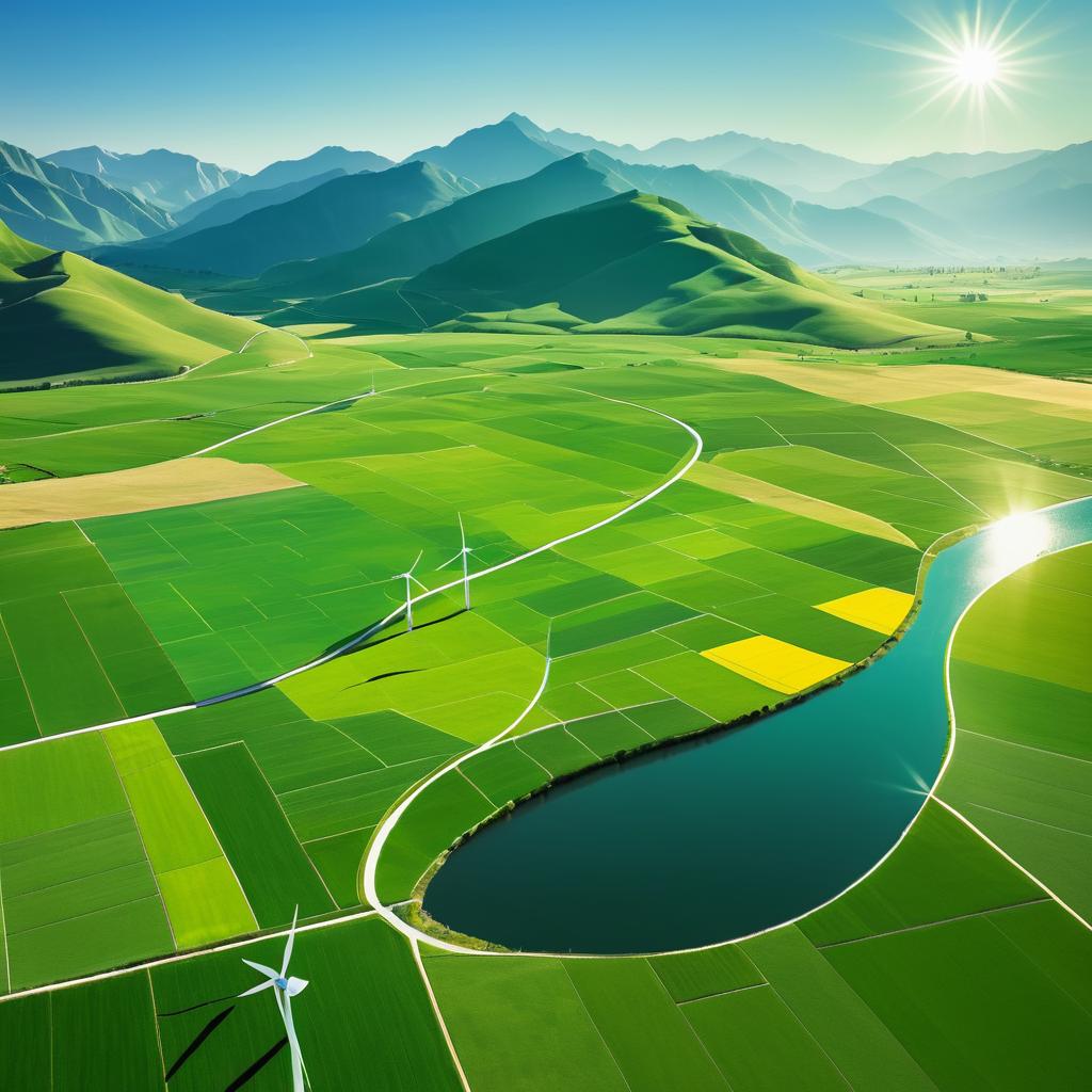 Serene Landscape with Wind Turbines and Solar Energy