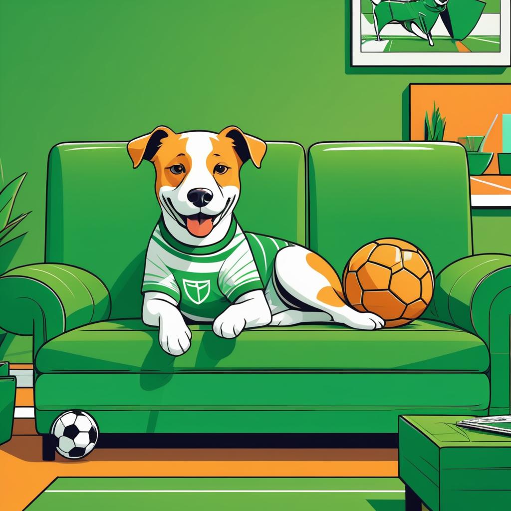 Comic Style Dog Enjoying Soccer on Couch