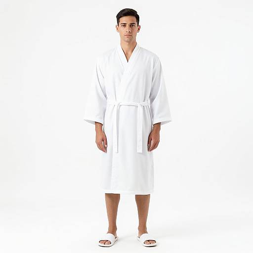 Photograph of a young man with short black hair, wearing a white bathrobe and white slippers, standing against a plain white background.