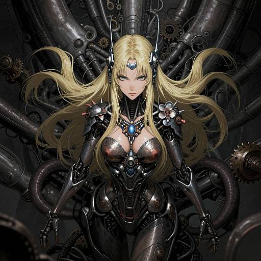 Digital art of a blonde, green-eyed woman in a black, metallic, cyberpunk suit with glowing blue gem, surrounded by dark, intricate pipes.