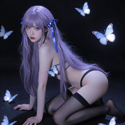 Seductive Lavender-Haired Woman with Glowing Butterflies
