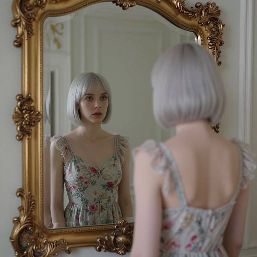 Photograph of a woman with short silver hair, wearing a floral dress, standing before an ornate gold-framed mirror, reflecting her contemplative expression