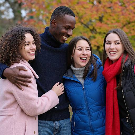 Photograph of four smiling friends: Black man in black sweater, light-skinned woman in pink coat, Asian woman in blue jacket, white woman in