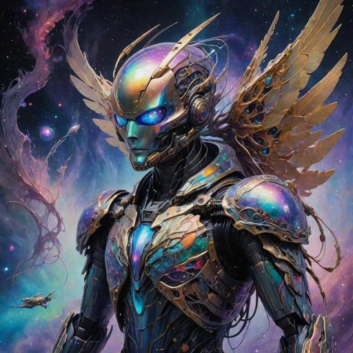 Futuristic Android with Iridescent Wings