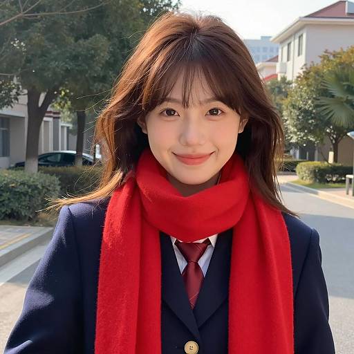 Asian Woman in School Uniform with Red Scarf Smiling Outdoors