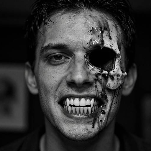 Close-up photograph of a smiling young man with one blackened, bloody eye socket, sharp teeth, and dark, smeared face, set against a