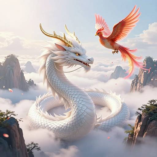 Digital artwork of a white, serpentine dragon with golden horns and a red phoenix flying above, amidst clouds and rocky peaks.