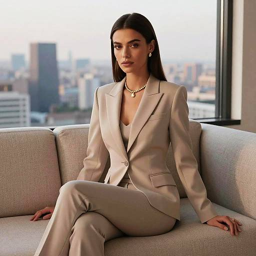 Photograph of a confident, dark-haired woman in a beige suit, seated on a modern grey couch, wearing a gold necklace, with a cityscape