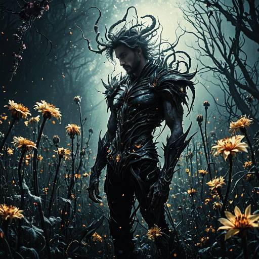 Dark Fantasy Warrior in Luminous Wilted Flower Garden